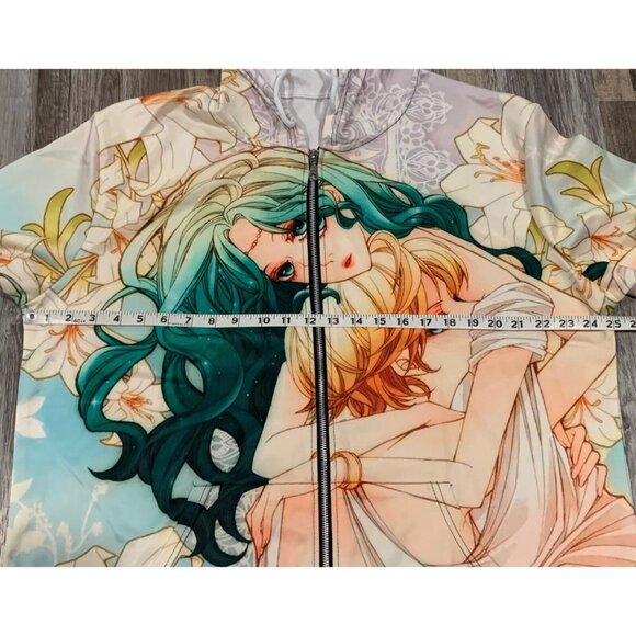 Anime-Inspired Hooded Longline Jacket Zipper Front Floral Art Allover Print 2LX - Picture 11 of 16